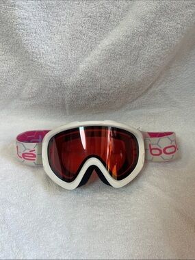 Bolle White Ski Goggles with Pink Strap and Red Lens